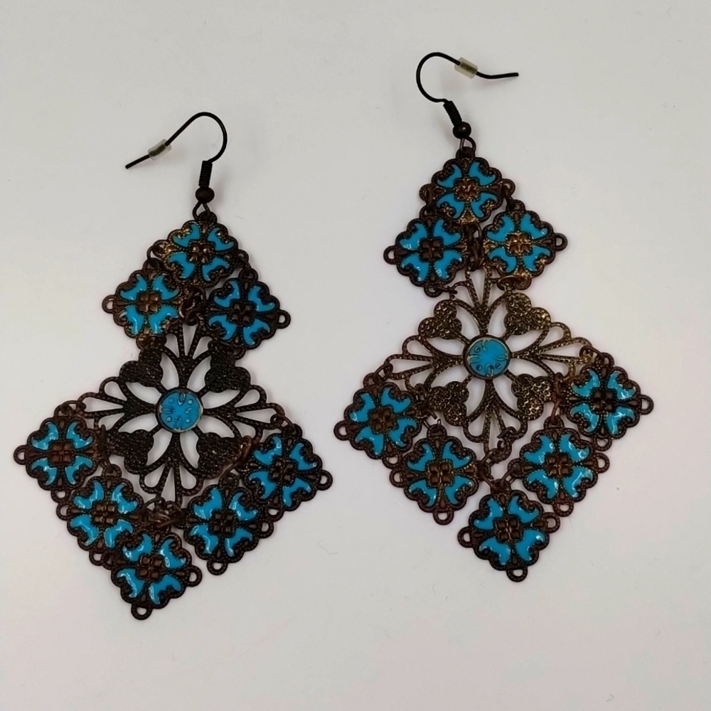Turquoise & Copper Filigree enamel 3" dainty earrings Chandelier